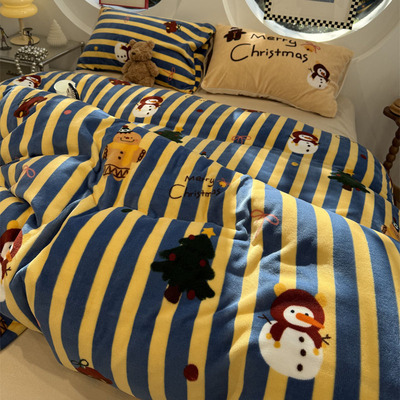 牛奶绒蓝黄条纹雪人床上四件套