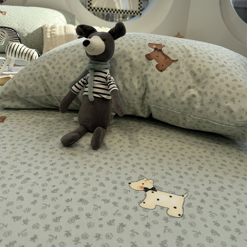 复古碎花小狗蓝全棉床笠床单单件