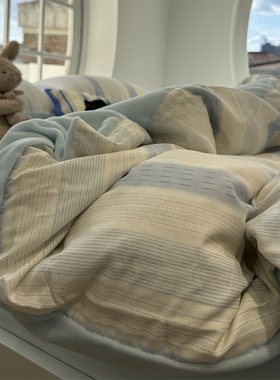 ins冬季A面双层纱B面牛奶绒清新简约芝士蓝床上四件套珊瑚绒1.8m