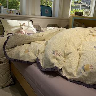 A类花边双层纱卡通碎花小兔少女心床上四件套1.5m1.8米全棉纯棉