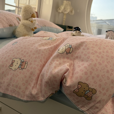 ins卡通草莓豹纹猫四件套全棉