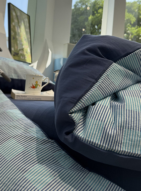 ins水洗棉提花棋盘格蓝色格子床上四件套全棉1.5m1.8米被套三件套