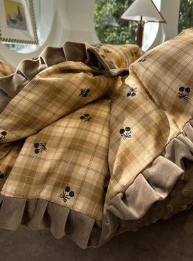 ins双层纱棉加豆豆绒黄色格子小樱桃四件套1.5m1.8米冬季加厚保暖