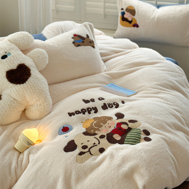 高克重细粒绒毛巾绣小狗米四件套