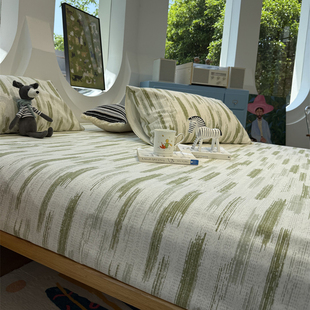 北欧风简约绿条纹全棉老粗布床单床笠单件亚麻保护罩少女心纯棉布