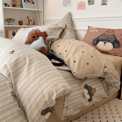 卡通灰条奶狗床上四件套全棉纯棉