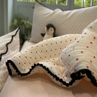 A类母婴级超柔软少女心红波点皱皱双层纱夏凉被四件套空调被薄被