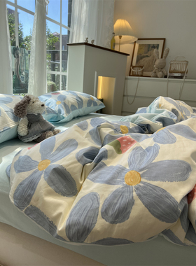 ins蓝色油画风棉加绒四件套A面全棉纯棉B面宝宝绒被套床单1.5m1.8