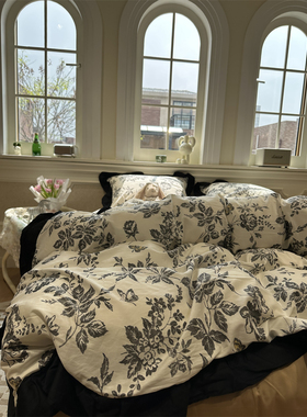 黑色复古花边田园碎花床上四件套全棉纯棉1.5m1.8被套床单三件套