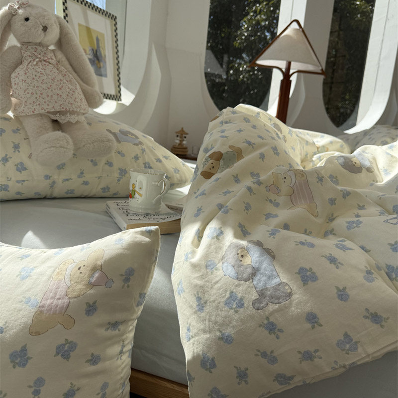 少女心双层纱蓝碎花小狗四件套