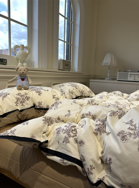 ins复古文艺黑色花边被套床上四件套全棉1.5m1.8米被套床单三件套