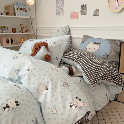 蓝色豹纹猫咪床上四件套全棉纯棉