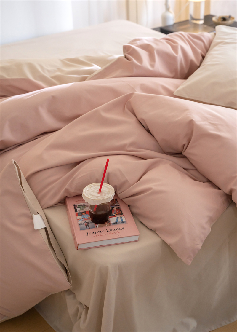 少女感100s高支纯棉磨毛蜜粉搭白玉灰四件套1.5m1.8床上用品床单