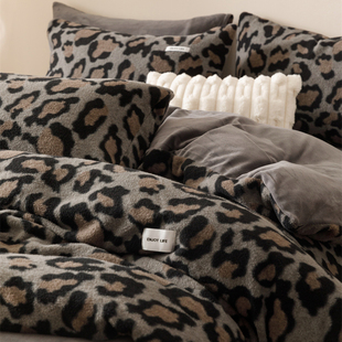 牛奶绒豹纹灰床上四件套珊瑚绒1.5m1.8米 仿羊绒B版 ins冬季 加厚A版