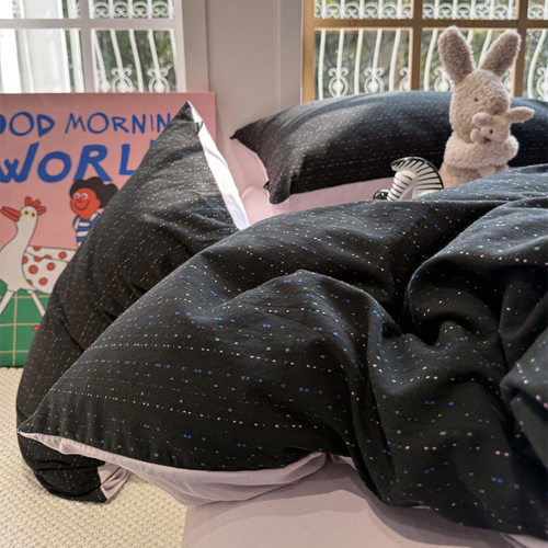 色织水洗棉提花条纹波点黑四件套