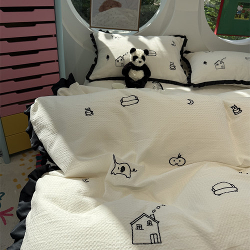 ins简约华夫格刺绣休闲白四件套