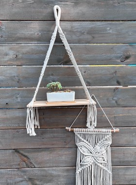 北欧风手工棉绳客厅墙壁悬挂置物架简约编织隔板花架挂毯庭院摆件