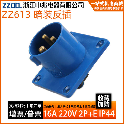 中兆 暗装反插ZZ-613工业插座箱用220V工业电源防水插头插座2P+E