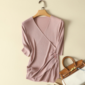 打底衫 交叉V领套头针织中袖 上衣潮 2022修身 百搭薄款 T恤女春装 新款