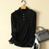 Демисезонный свитер, приятный телу кружевной трикотажный приталенный лонгслив, высокий воротник