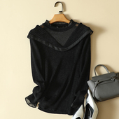 蕾丝透视圆领天鹅绒小心机毛衣女洋气荷叶边针织衫 秋冬显瘦打底衫