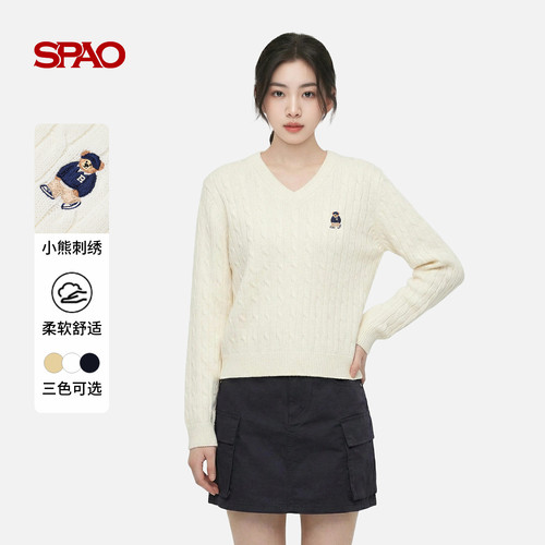 SPAO新品女士V领绞花针织毛衣