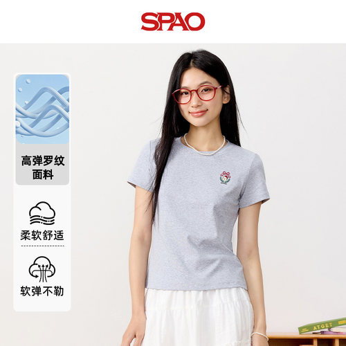 SPAO韩系学院风正肩圆领短袖T恤女夏季修身显瘦甜美可爱印花上衣B