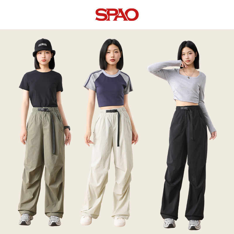 SPAO工装风束带阔腿裤女宽松直筒休闲裤机能风多口袋B