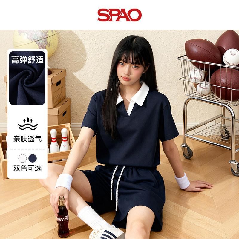 SPAO韩国同款学院风polo领短袖T恤女夏撞色上衣运动短裤两件套ZZ