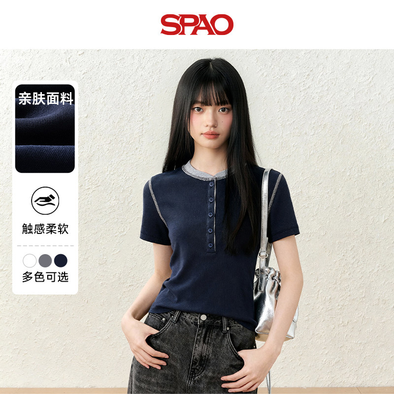 SPAO韩国同款亨利领正肩短袖t恤女夏季修身显瘦高级感半袖上衣ZZ