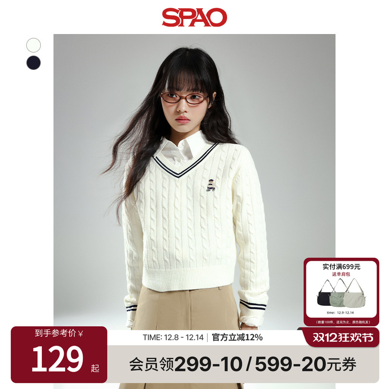SPAO春季新品小熊WoodieV领毛衣