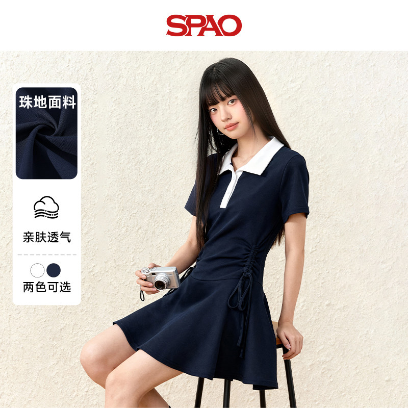 SPAO韩国同款夏季POLO翻领连衣裙女士甜辣妹抽绳褶皱收腰A字裙ZZ
