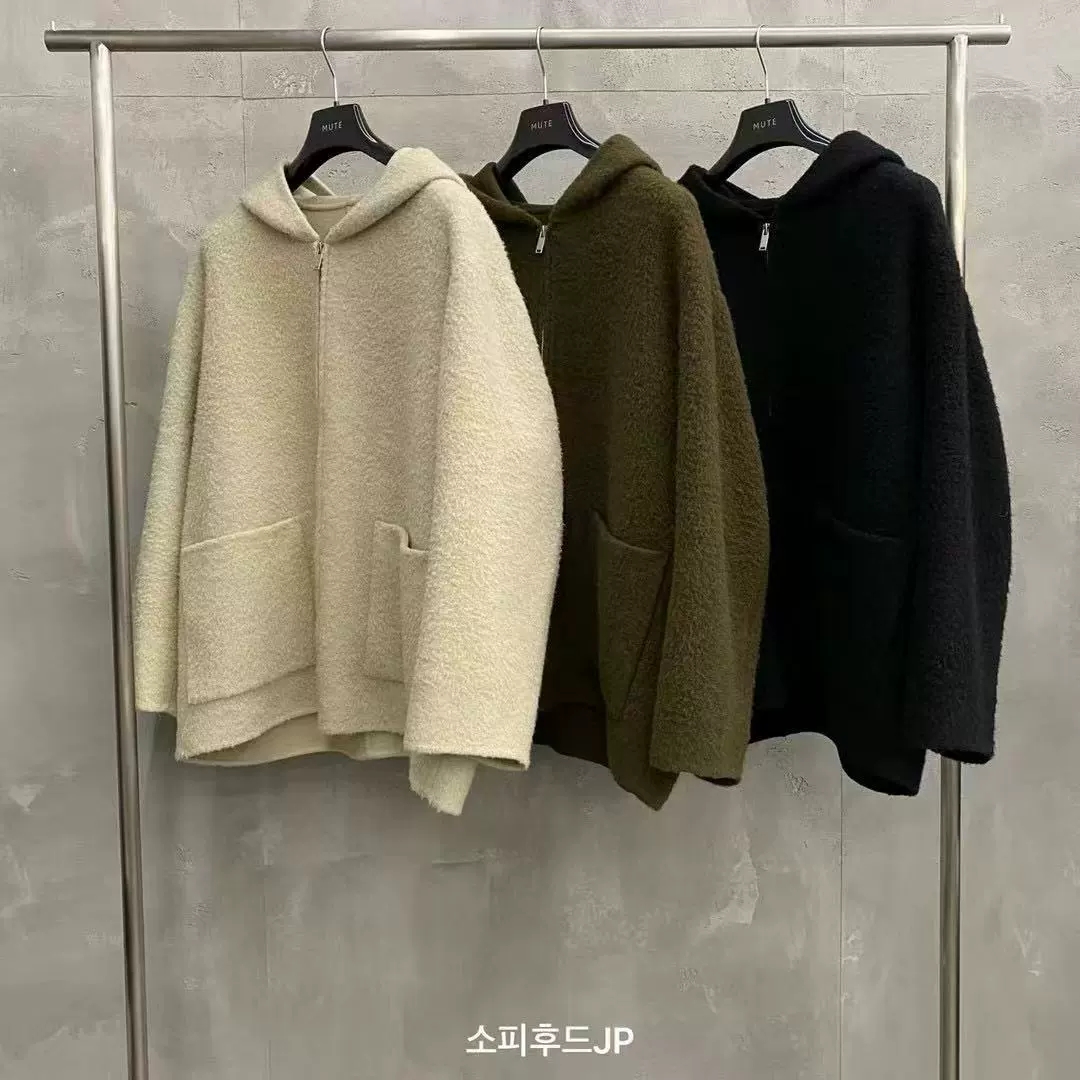 现货MUTE连帽拉链羊毛大衣外套女冬季韩国东大门休闲宽松双口袋
