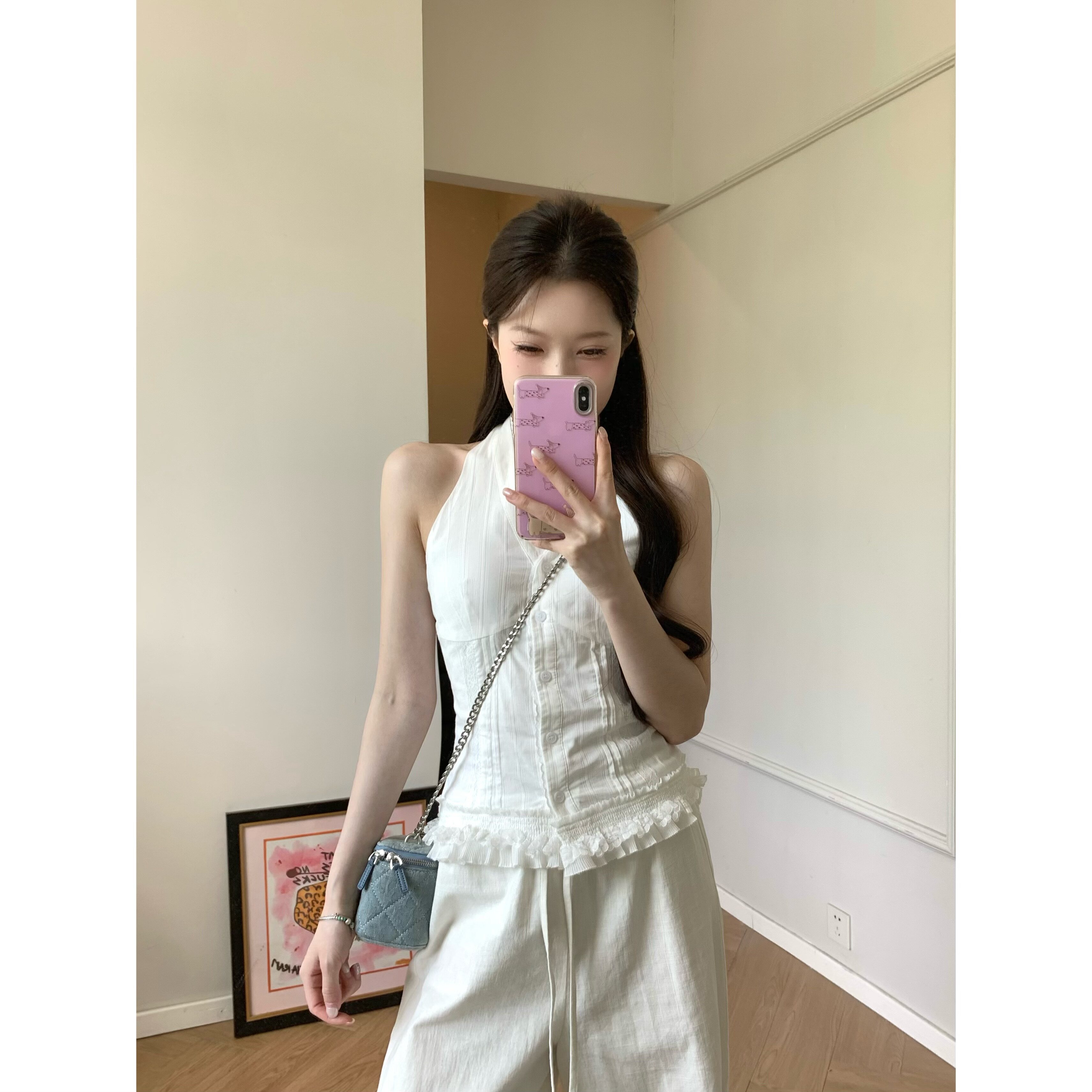 气质设计感绑带挂脖蕾丝衬衫上衣