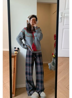 Viiwen Cozyfit慵懒时髦感韩系磨毛宽松显瘦格子裤百搭高腰格纹裤