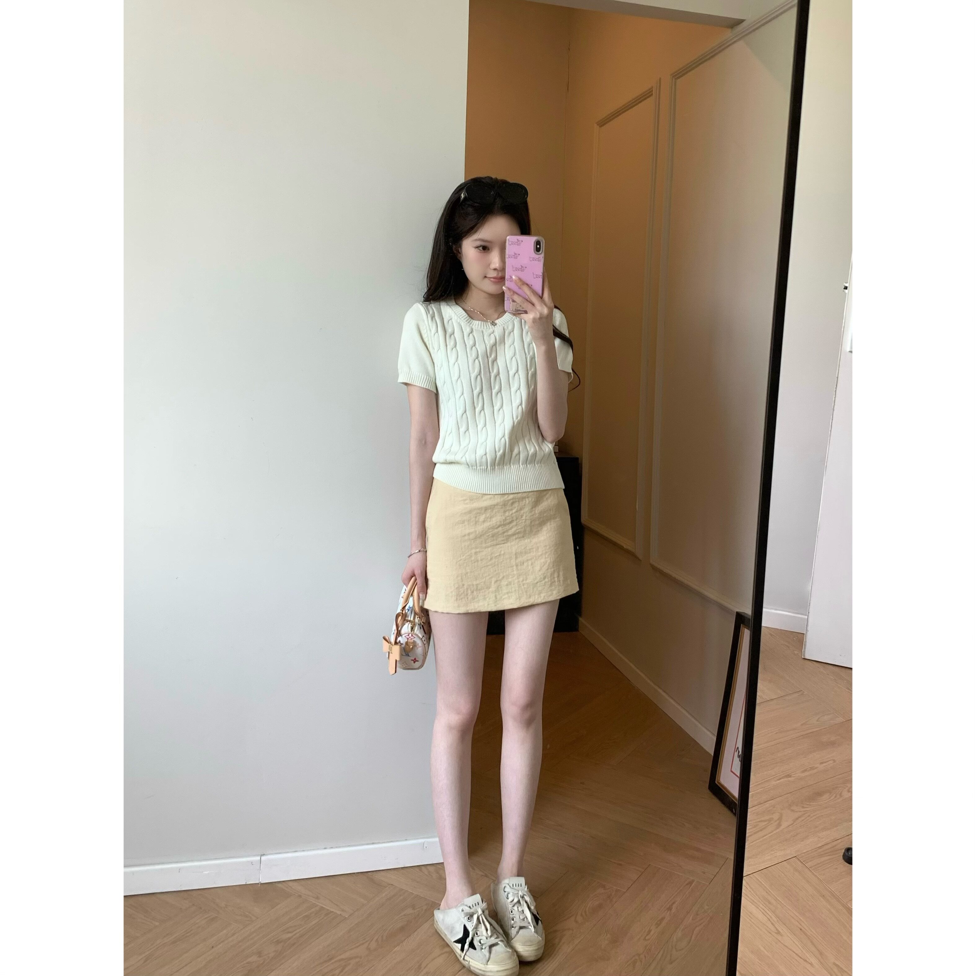Viiwen 微醺甜奶油 少女感甜美嫩粉色呼吸感短裙高腰A字半身裙夏