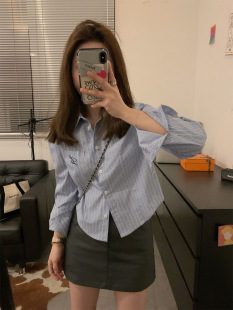 刺绣显白蓝色衬衫 Viiwen 减龄显瘦竖条纹肌理感短款 学院派 美式