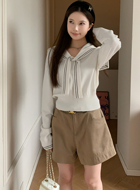 Viiwen 美美rose miu系海军领长袖针织衫白色学院风短款百搭毛衣