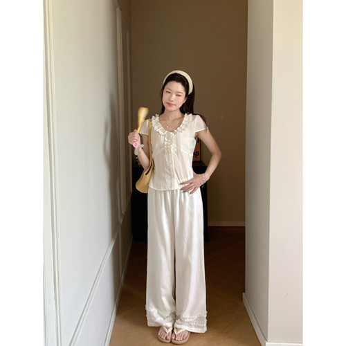 亚麻天丝白色花边直筒阔腿休闲裤