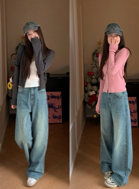 Viiwen 很优秀的复古牛仔蓝 柔软显瘦百搭高腰直筒阔腿韩系牛仔裤