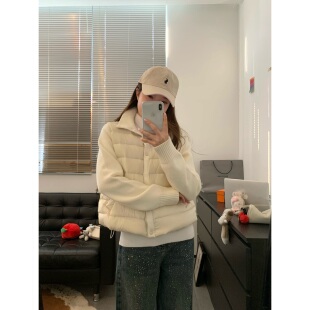 Viiwen 气质Lady 老钱风轻盈羊毛针织拼接立领显瘦短款粉色羽绒服