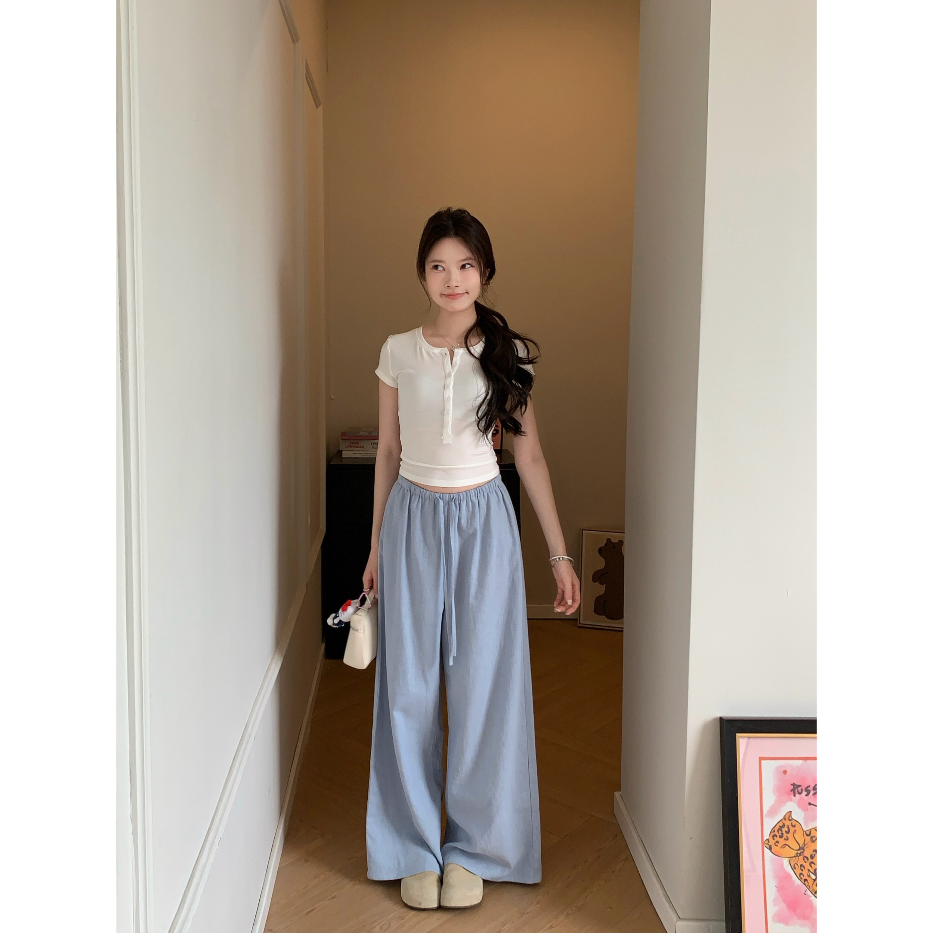 Viiwen 自带呼吸感 显瘦慵懒老钱风松紧腰宽松阔腿白色亚麻休闲裤