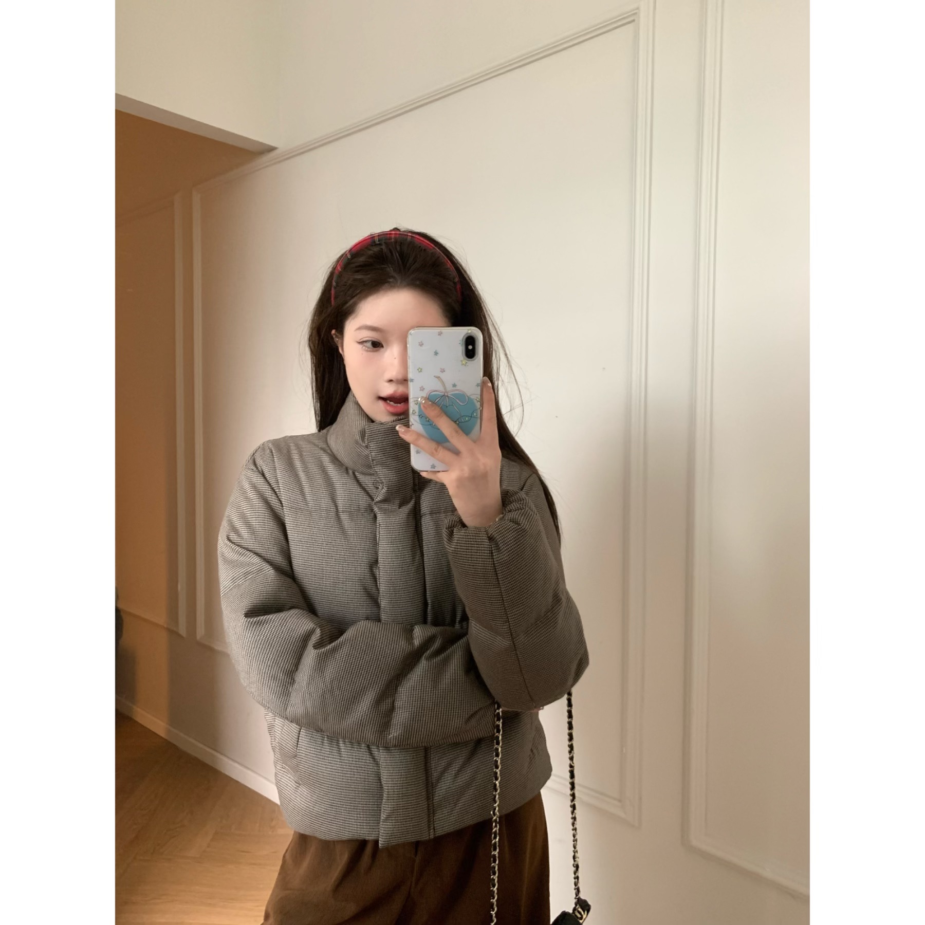 超细千鸟格显瘦短款保暖羽绒服韩