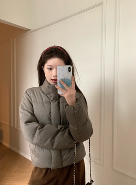 Viiwen 韩国欧尼 小众设计感保暖立领细千鸟格短款加厚羽绒服冬