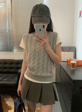 Viiwen 秋日叠穿思路 复古灰色绞花针织毛衣背心百搭韩系学院马甲