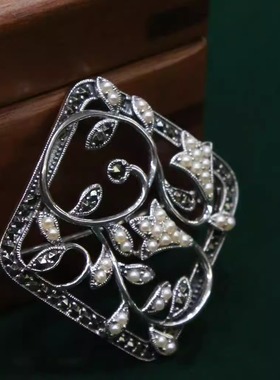 琦凡珠宝英式古典S925银天然淡水珍珠Vintage风格花卉胸针配饰