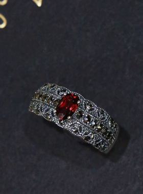 琦凡珠宝英式古典S925银复古优雅精致蕾丝石榴石戒指尾戒