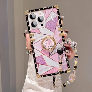 酷图适用大理石纹方形苹果16promax手机壳16新款14奢华网红iPhone13带水晶链挂绳12水钻支架11高级感小众女15