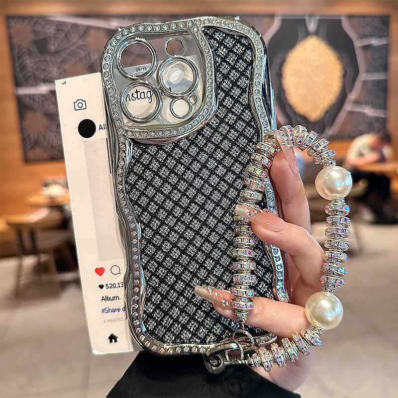 适用苹果16promax手机壳新款iphone15pro高级感电镀波浪边闪钻满天星14pro保护套奢华13全包防摔15pm超好看女