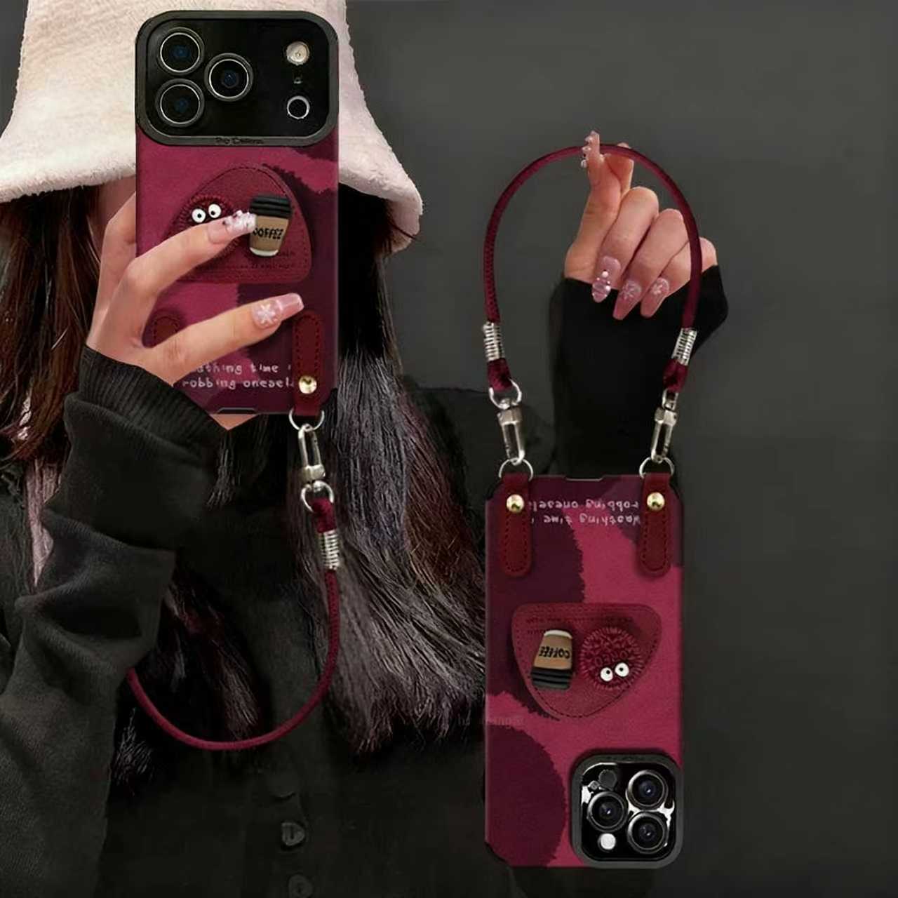 适用苹果17promax新款手机壳支架带挂绳iPhone17高级感小众16pro可爱煤球女15秋冬皮质14全包13超好看保护套